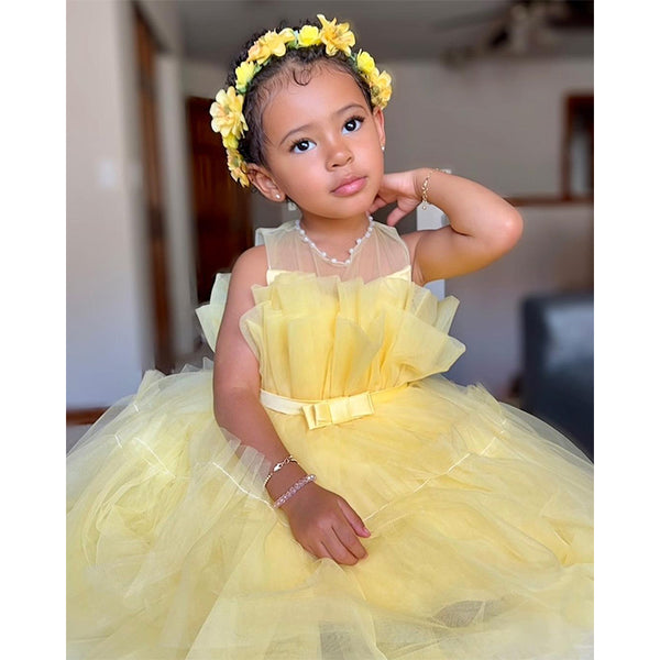 Baby Girl Christening Dresses Toddler Birthday Party Dress Yellow Puf marryshe