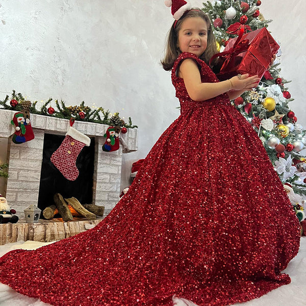 Girl Christmas Dress Luxury Red Sleeveless Trailing Sequins Fluffy Pri –  marryshe