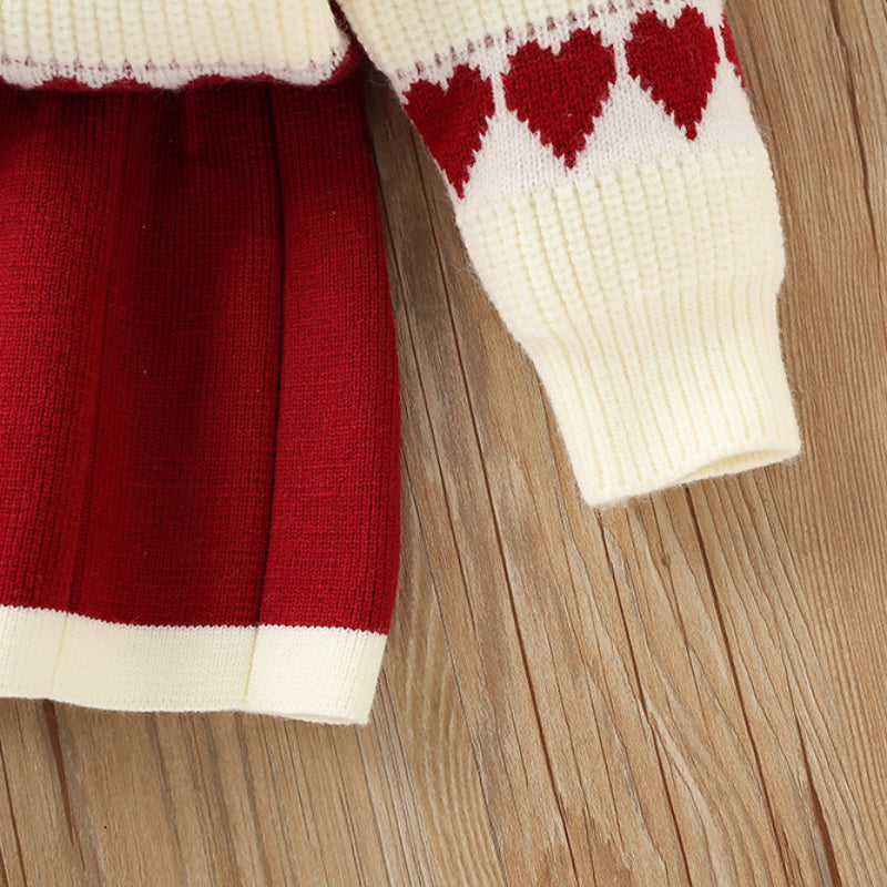 Girls Long-sleeved Heart Knitted Sweater Two-piece Set