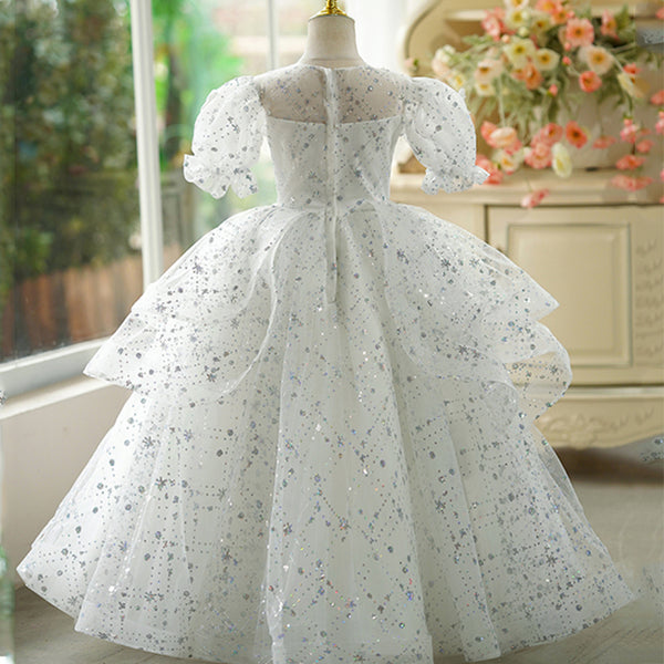 Elegant Baby Girls White Sequin Baptism Dresses Toddler Ball Gowns