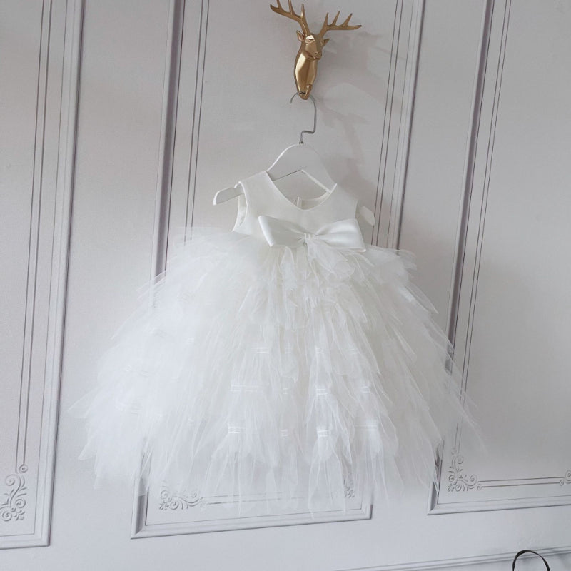 Elegant Baby Girl White V-neck Mesh One-Year-Old Princess Dress Toddler Birthday Party Dress