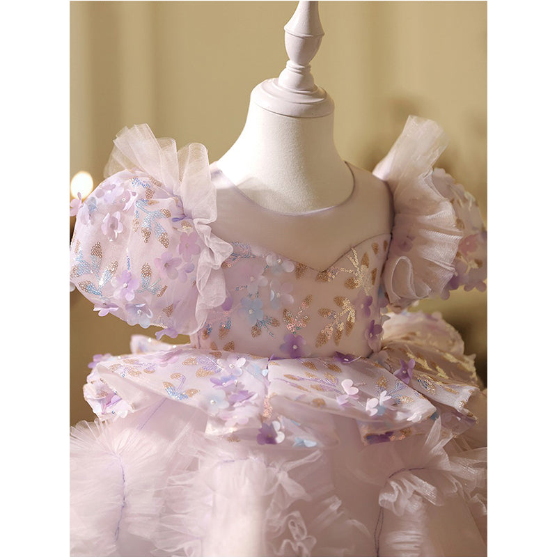 Lilac Girl Dress Fluffy Tulle Skirt Covered with Small Flowers