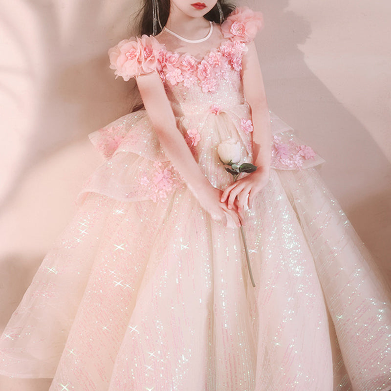 Elegant Baby Girls Pink Sequined Mesh Formal Dresses Toddler Christening Dresses