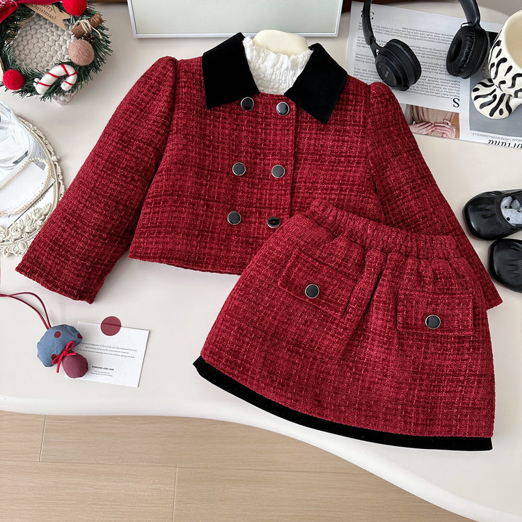 Girls Winter Skirt Tweed Double Breasted Red Two-Piece Set