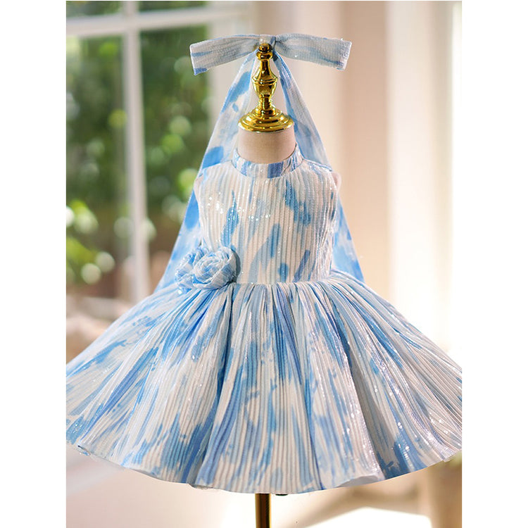 Blue and White Princess Dress with Flowers Birthday Dress