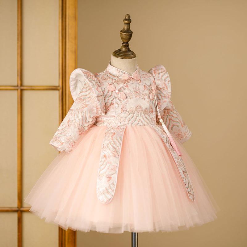 Cute Baby Girls Pink Stand-up Collar Pattern Dress Dress Toddler Birthday Princess Dress