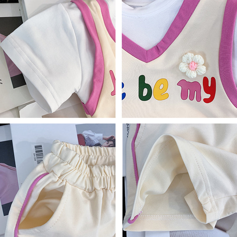 Cute Baby Girl Fake Two-piece Short-sleeved Top and Shorts Two-piece Set