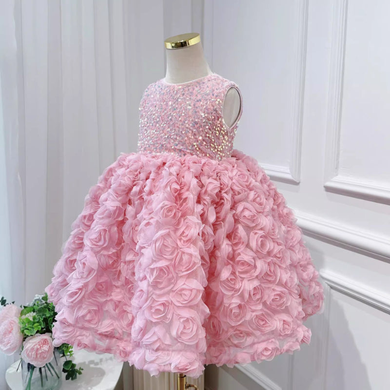 Elegant Baby Girls Sleeveless Three-dimensional Rose Formal Dresses Toddler Party Dresses Princess Dress