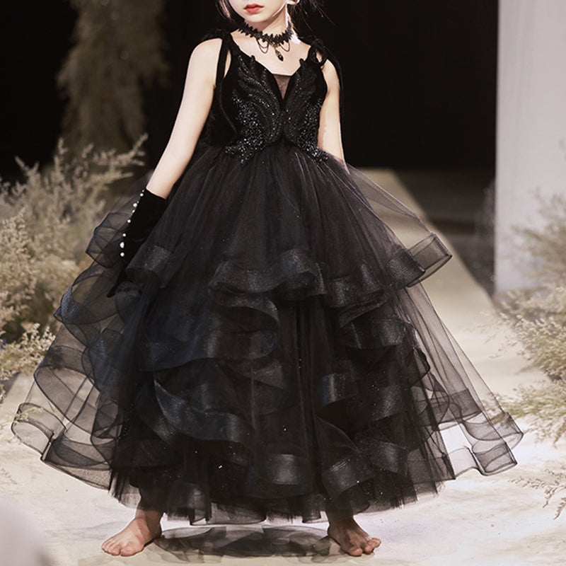 Elegant Baby Girls Black Strapless Tulle Ball Gown Toddler Princess Dress