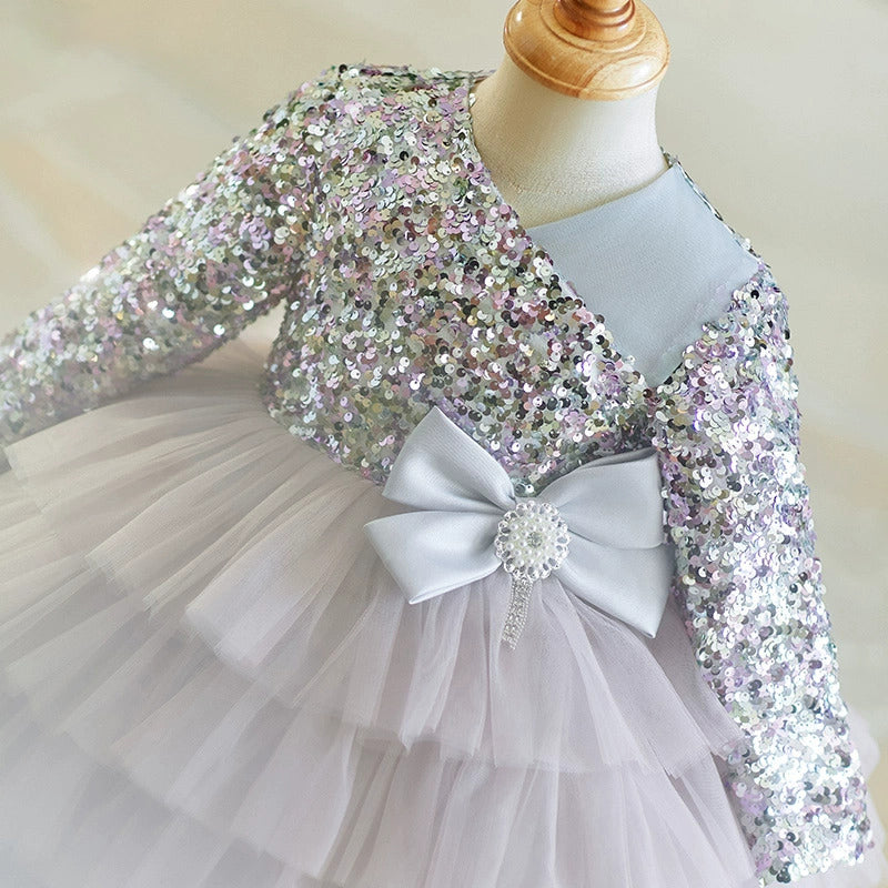 New Year Sequin Dress Girls Grey Birthday Dress Flower Girl Princess Dress