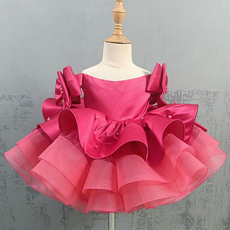 Elegant Baby Girl Rose Red Bow Sleeve Dress Toddler Communion Princess Dress