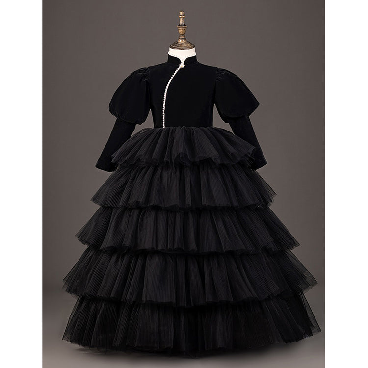 Girls Black Birthday Dress Fluffy Skirt with Pearls and Bow