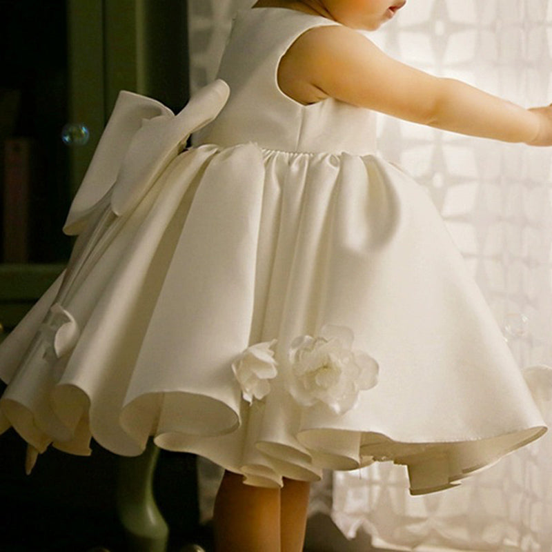 Elegant Baby White Bow Birthday Puffy Dresses Toddler Christening Dresses
