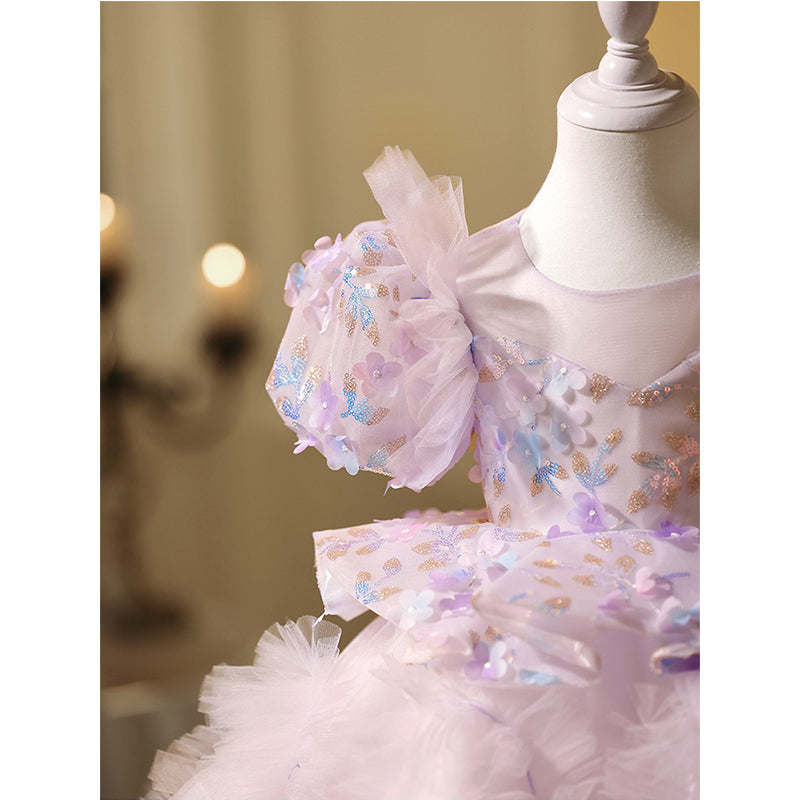 Lilac Girl Dress Fluffy Tulle Skirt Covered with Small Flowers