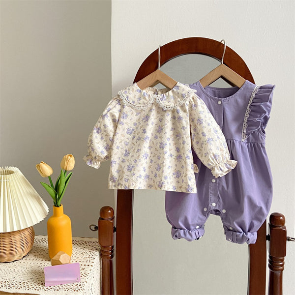 Sweet Baby Girl Floral Shirt Butterfly Sleeve Overalls Suit