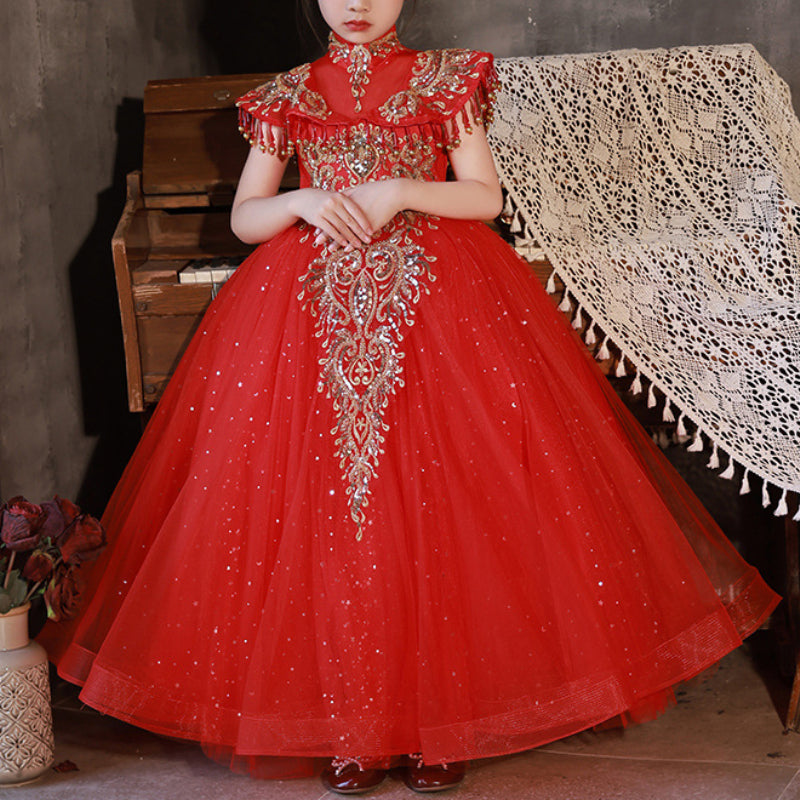 Girls Red Elegant Dress Children's Puffy Tulle Princess Dress