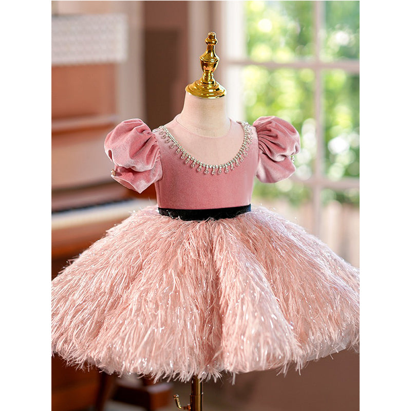 Pink Fluffy Princess Birthday Dress with Beads