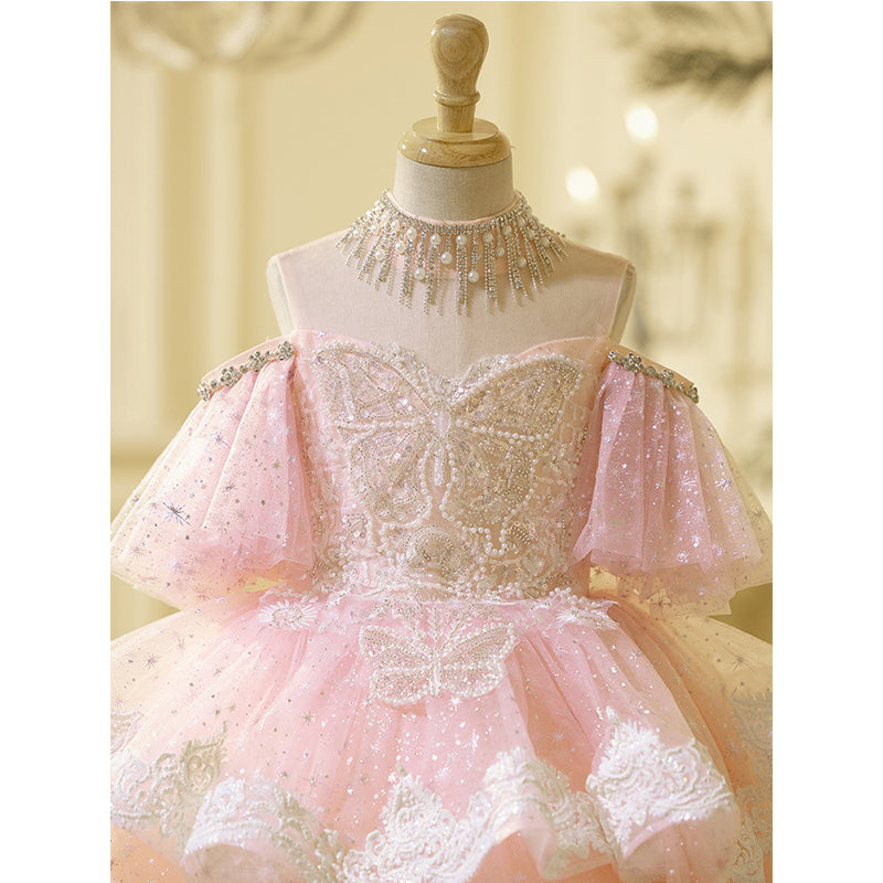 Pink Lace Girls Birthday Princess Dress