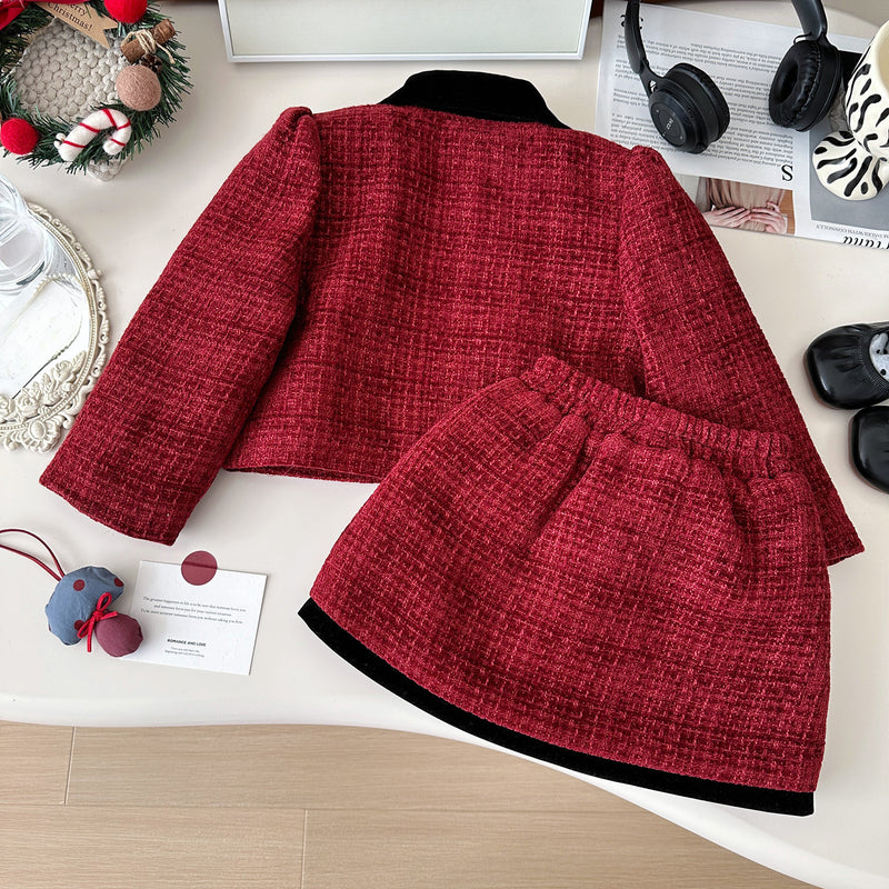 Girls Winter Skirt Tweed Double Breasted Red Two-Piece Set