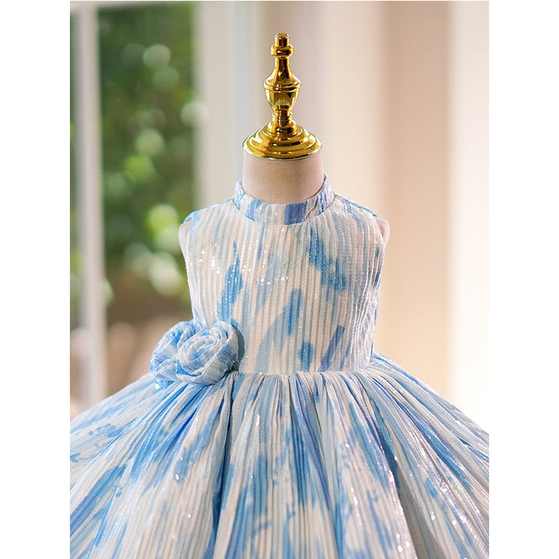 Blue and White Princess Dress with Flowers Birthday Dress