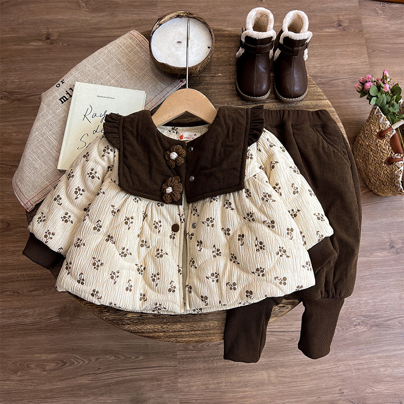 Girls Thick Warm Coat and Pants Two-Piece Set