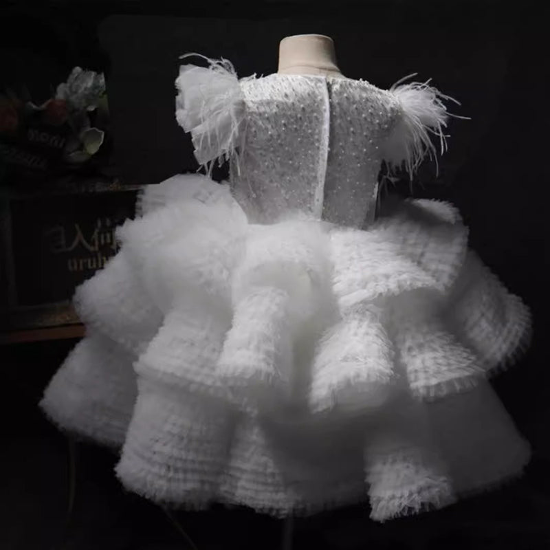 Children's Short Birthday Dress White Pearl Sequin Princess Dress