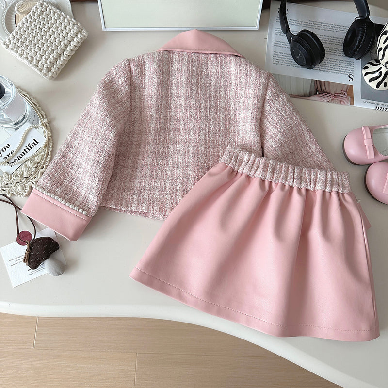 Girls Pink Skirt Coat Two Piece Set