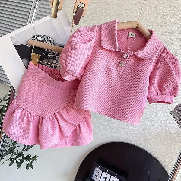 Girls Puff Lapel Short Sleeve Solid Color Skirt Two Piece Set