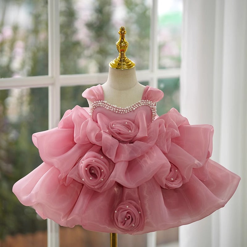 Elegant Baby Girls Pink Flower Girl One-year-old Princess Toddler Beauty Pageant Dress