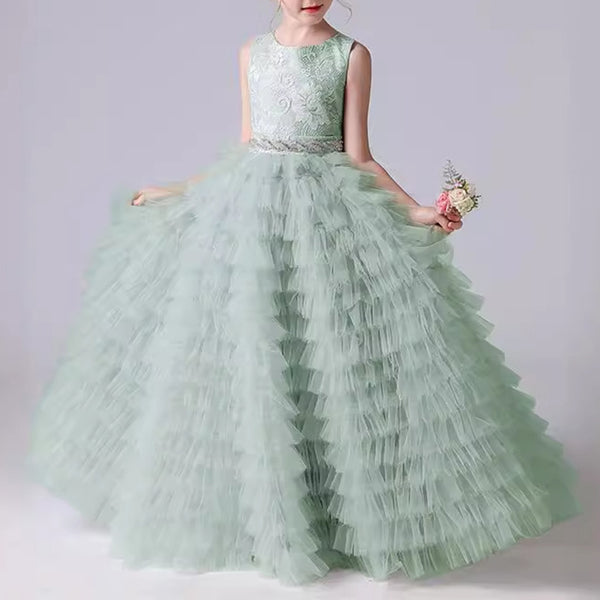 Elegant Baby Girls Green Tulle Princess Dress Toddler Ball Gown