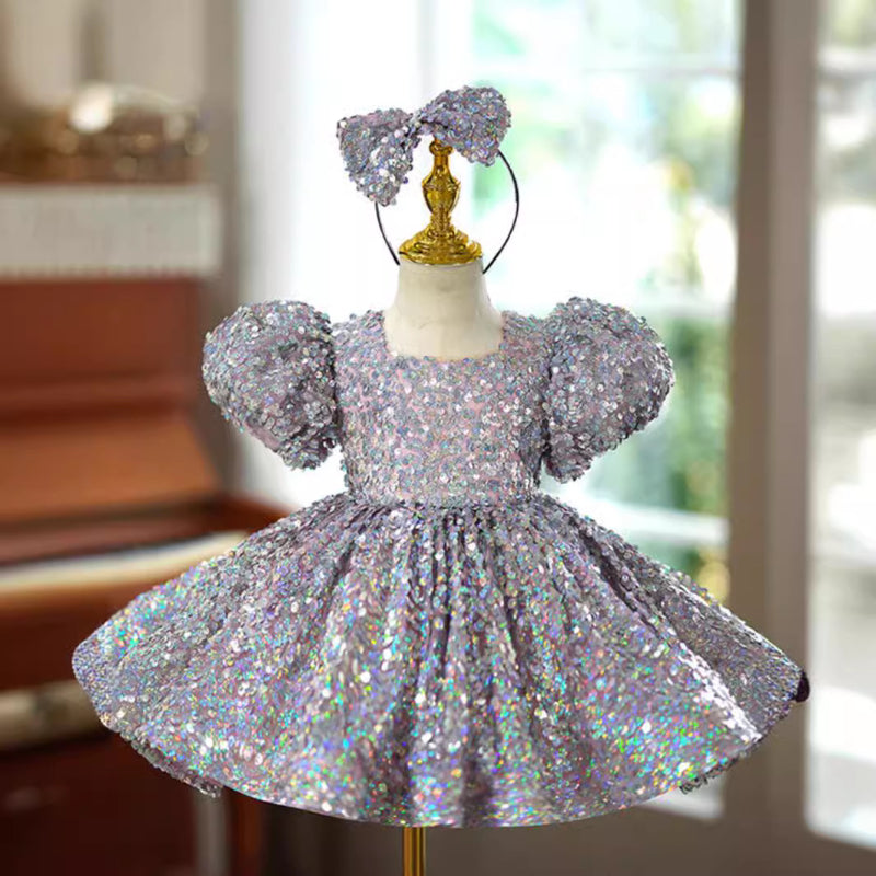 Elegant Baby Silver Sequin Puff Sleeve Puff Dress Toddler Prom Dress