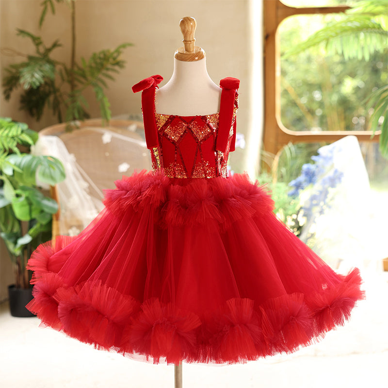 Red Bow Girls Birthday Dress Sleeveless Princess Dress