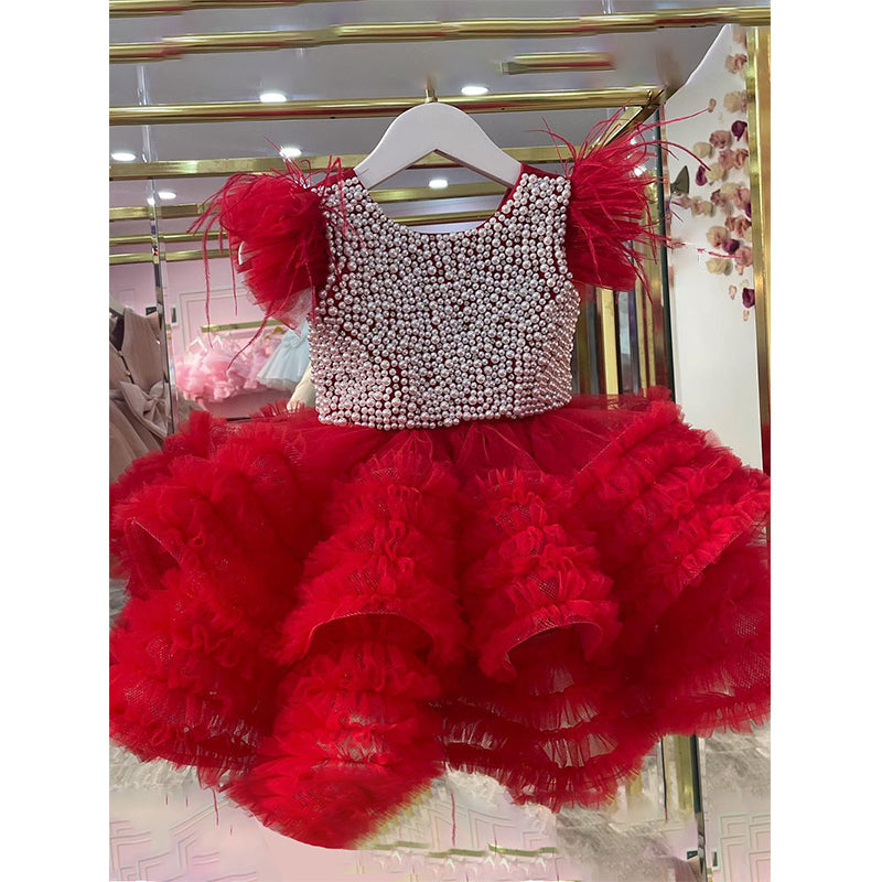 Cute Baby Girl Fluffy Beads Pageant Dress Toddler First Birthday Party Princess Dress