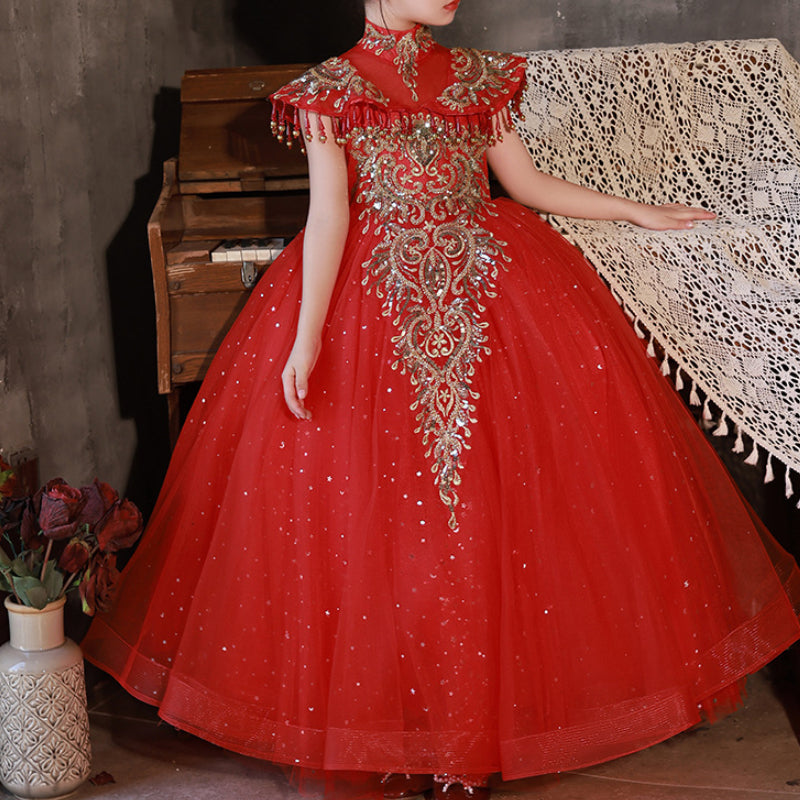 Girls Red Elegant Dress Children's Puffy Tulle Princess Dress