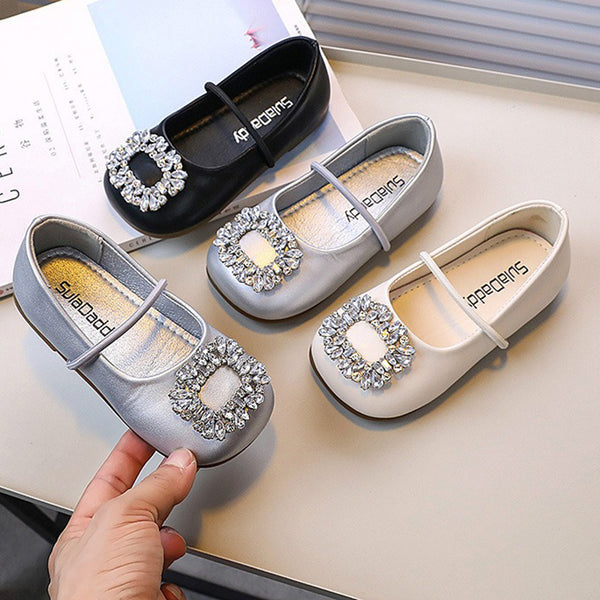 Children's Square Toe Crystal Leather Shoes