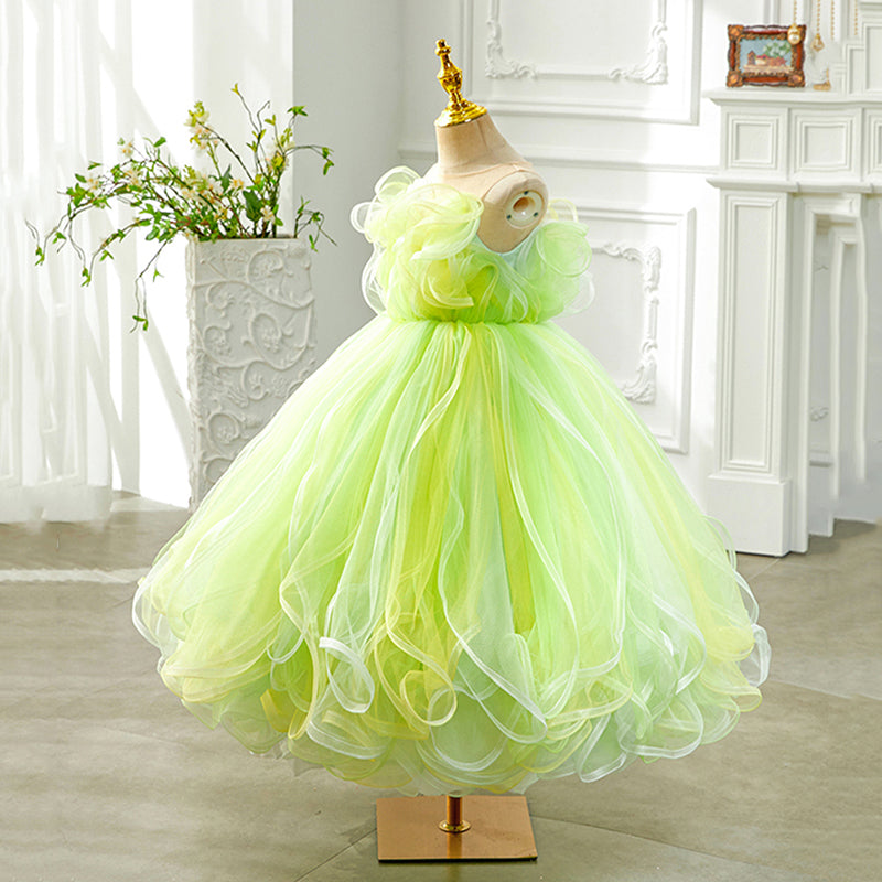 Elegant Baby Green Mesh Puffy Princess Dress Toddler Girls Sleeveless Ball Gowns
