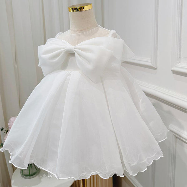 Elegant Baby Girls White Bow Mesh Princess Dress Toddler Ball Gowns
