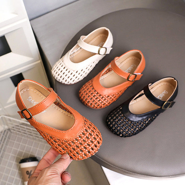 Girls Braided Leather Shoes Summer Hollow Sandals