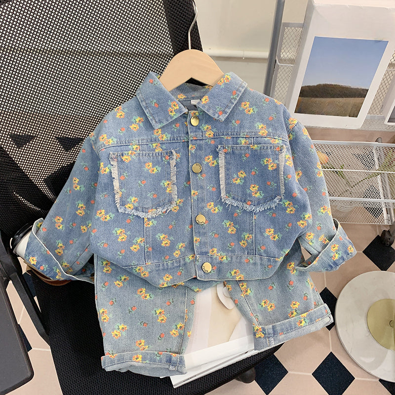 Girls Cute Spring Baby Denim Jacket Two Piece Set