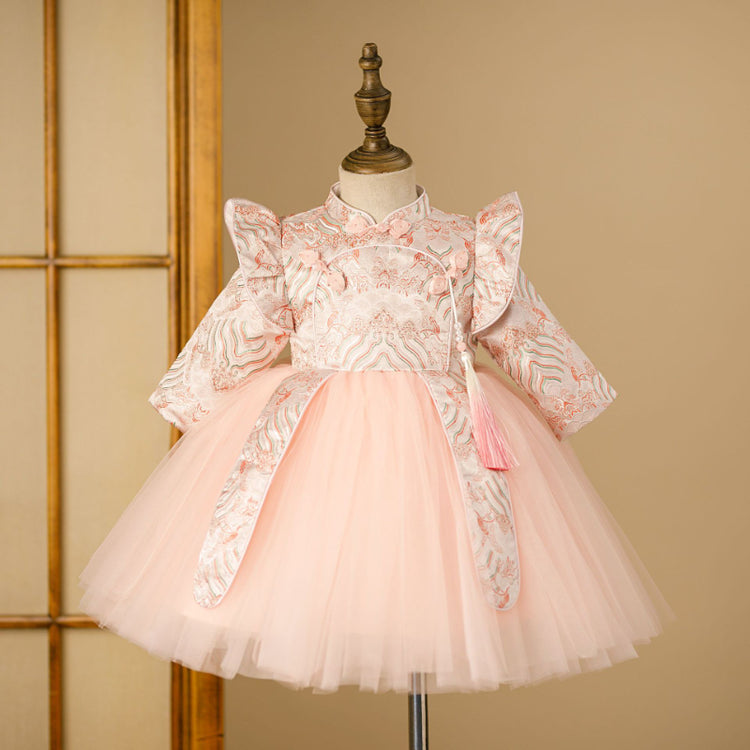 Cute Baby Girls Pink Stand-up Collar Pattern Dress Dress Toddler Birthday Princess Dress