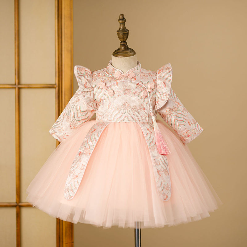 Cute Baby Girls Pink Stand-up Collar Pattern Dress Dress Toddler Birthday Princess Dress