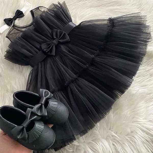 Cute Baby Girl Fluffy Black Dress Toddler Girls Christening Dress