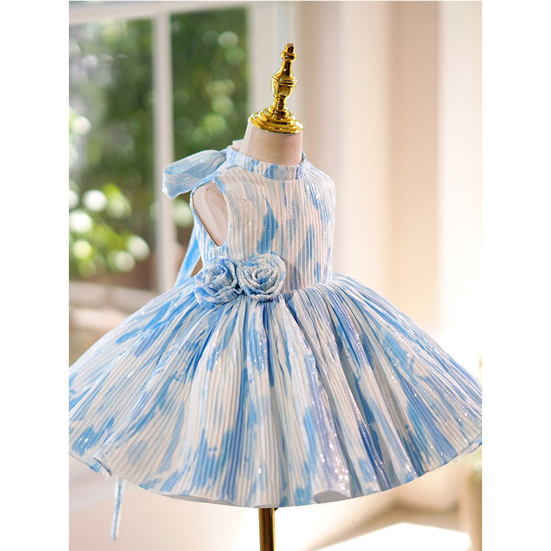 Blue and White Princess Dress with Flowers Birthday Dress