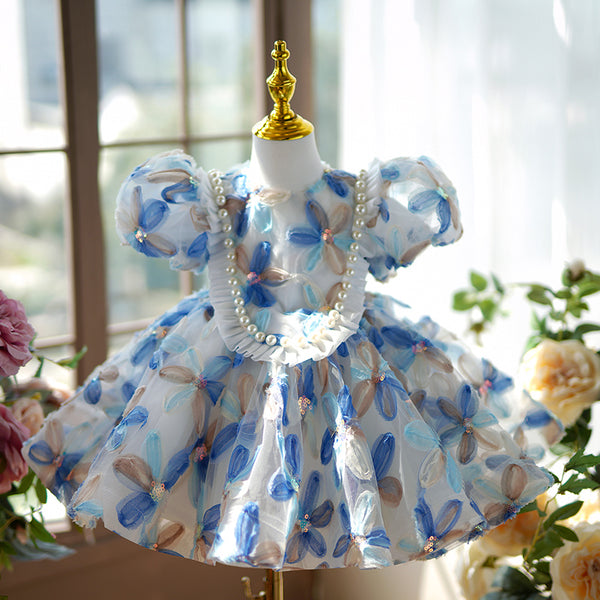 Elegant Baby Girls Blue Floral Puff Sleeve Princess Dress Toddler Prom Evening Dress