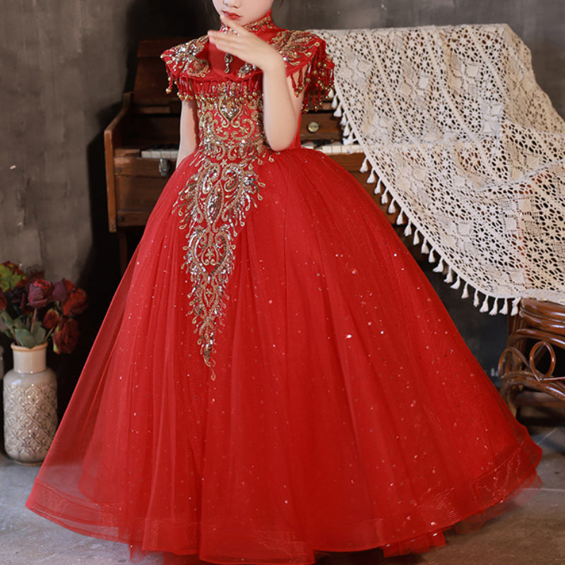 Girls Red Elegant Dress Children's Puffy Tulle Princess Dress