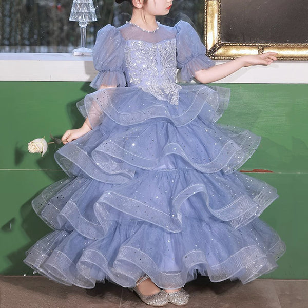 Elegant Baby Girls Blue Puff Sleeve Princess Toddler Sequin Dress