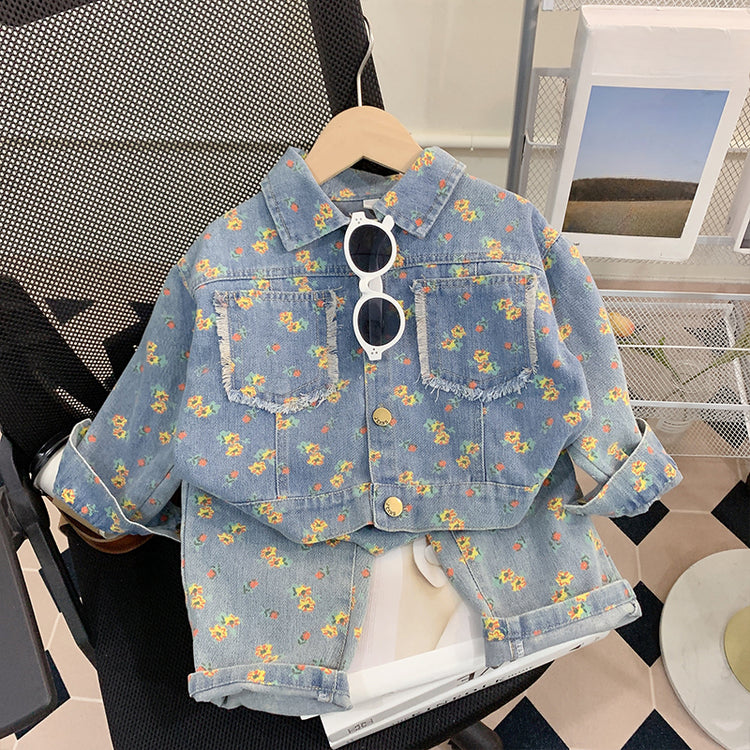 Girls Cute Spring Baby Denim Jacket Two Piece Set