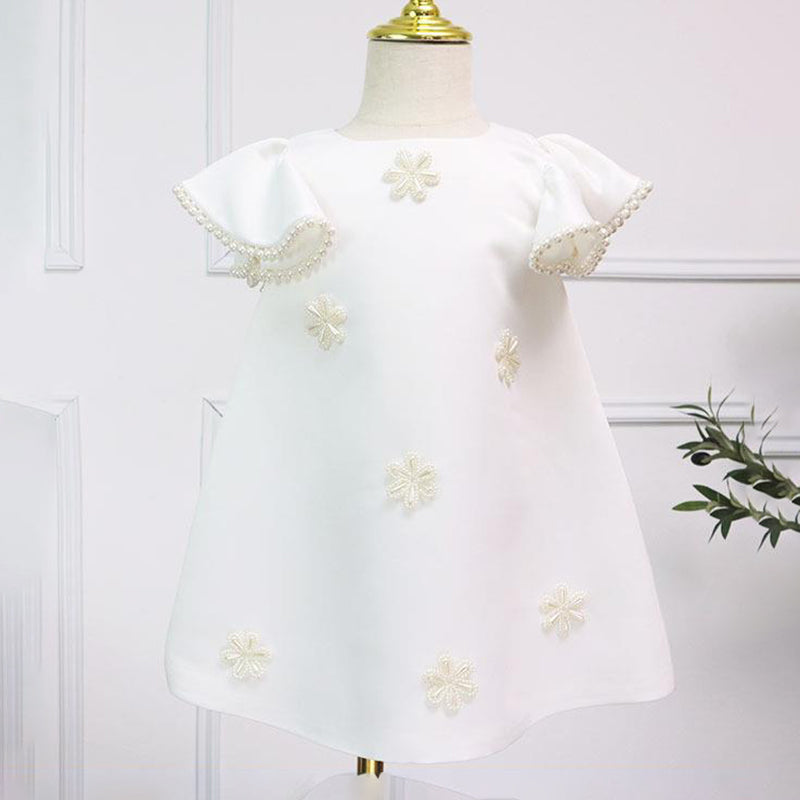 Elegant Baby Girls White Floral Butterfly Sleeve First Birthday Dress Toddler Flower Girl Formal Dress