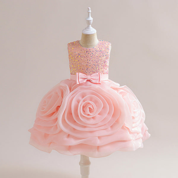 Baby Girls Big Flower Bowknot Dresses Girls Birthday Princess Dress