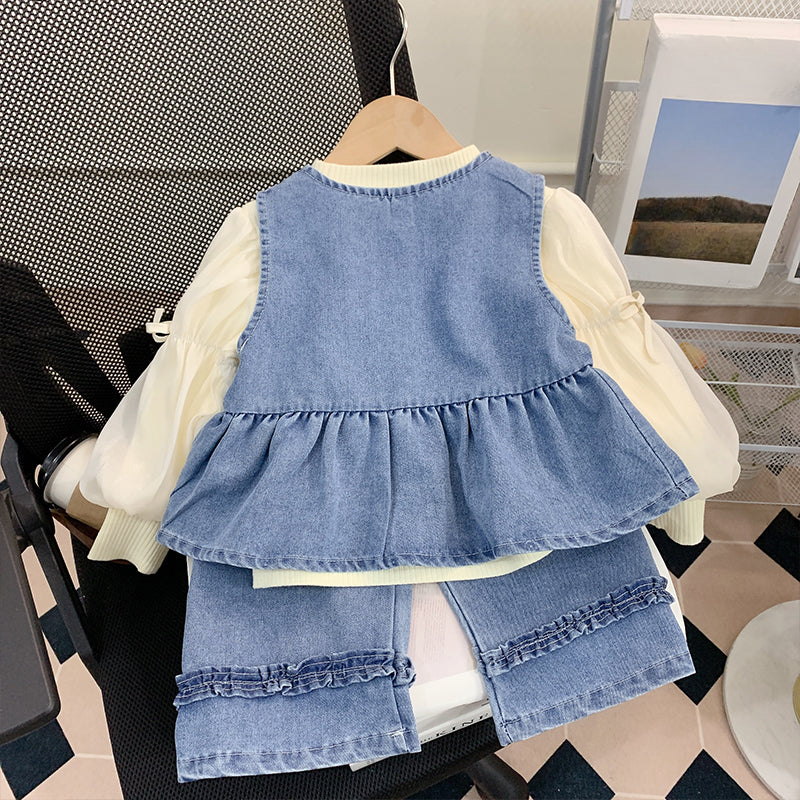 Girls Spring Suit Baby Girl Denim Clothes Three-piece Suit